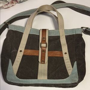 MONA B BLACK LIGHT GREEN BLACK  TAN CANVAS CROSSBODY WITH HANDLE STRAPS